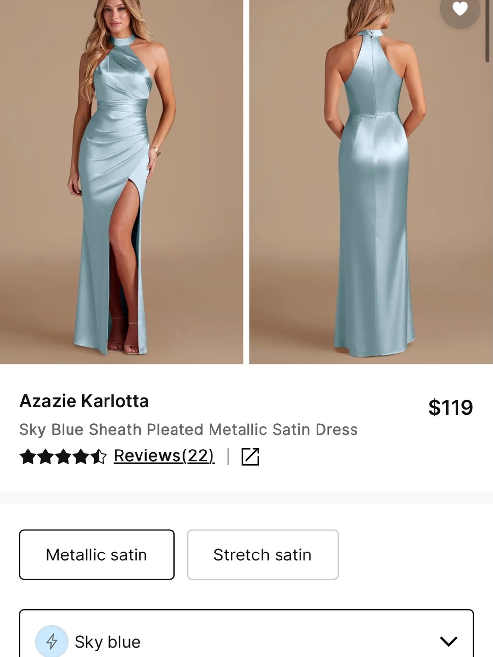 Azazie Sky Blue Metallic Satin Halter Sheath Dress with Side Slit